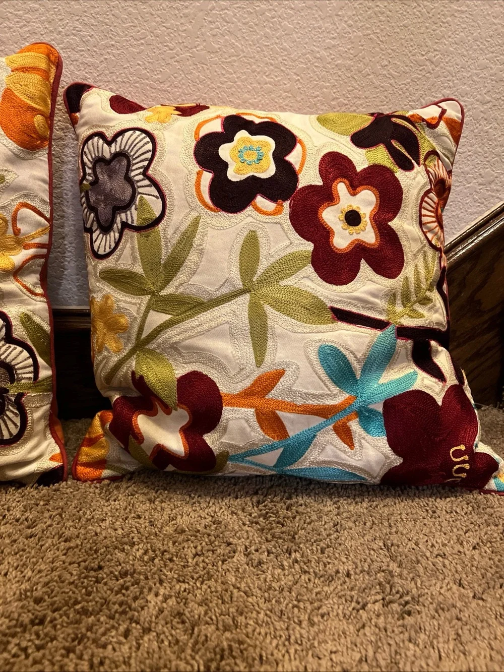 Lot of 2 Pier 1 Imports Embroidered Floral Throw Pillows Boho Cream Crewel 18x18